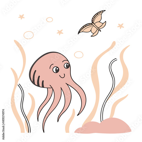 Cartoon octopus playing with a butterfly in an underwater scene  