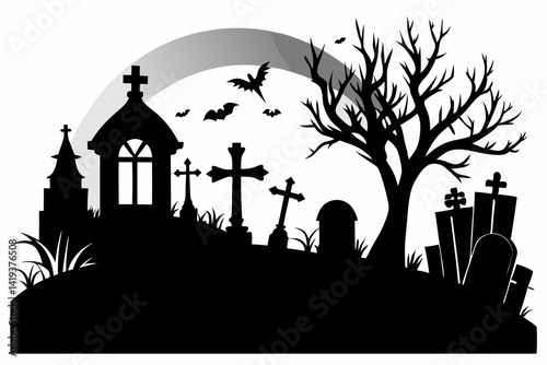 graveyard silhouette line art vector illustration
