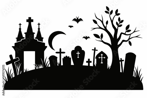 graveyard silhouette line art vector illustration