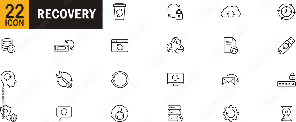 Recovery editable outline icon set. Backup restore security data storage and more. Recovery editable outline icon set. Backup restore security data storage and more.