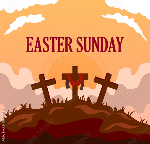 Easter morning vector showing Jesus’ resurrection scene, ideal for spiritual and religious content