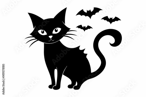 halloween black cat silhouette line art vector illustration