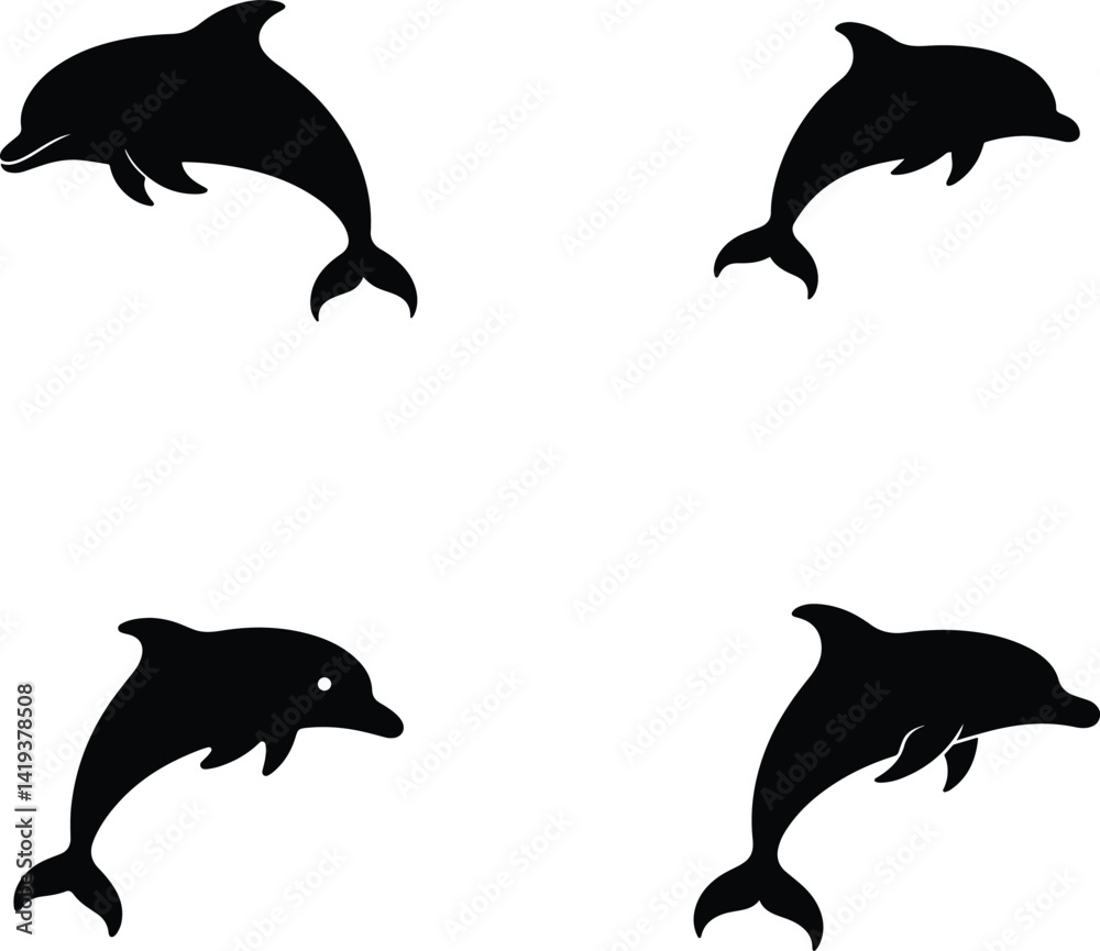 Fototapeta premium Four Black Dolphin Silhouettes Leaping, Ocean Marine Life and Wildlife