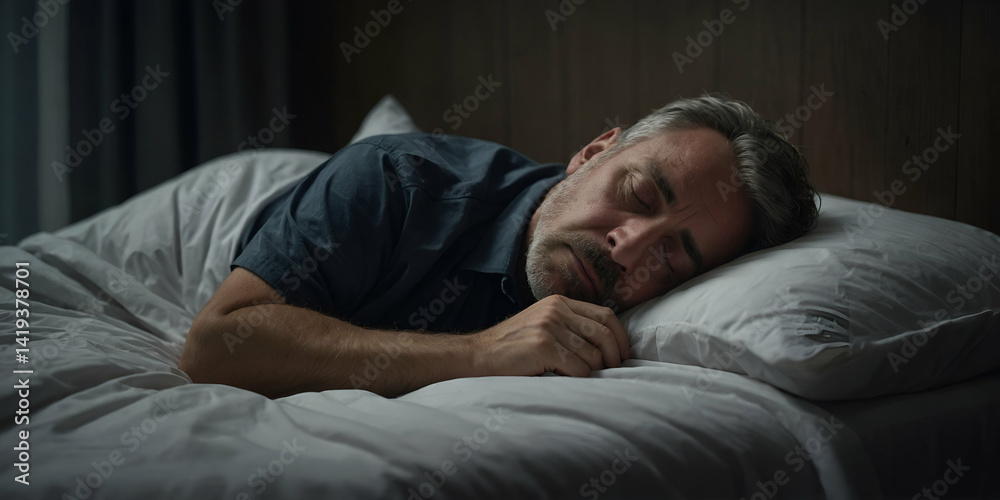 Man sleeping on bed in a dimly lit room
Man sleeping on bed in a dimly lit room