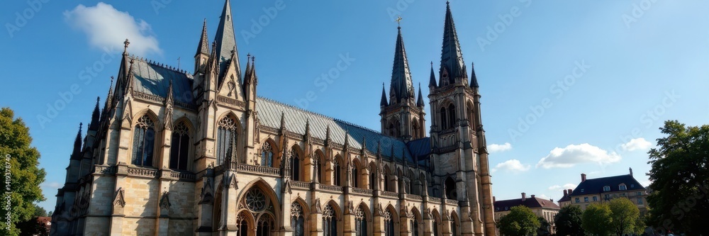 Obraz premium Troyes cathedral's ornate facade, soaring spires , city, intricate, view