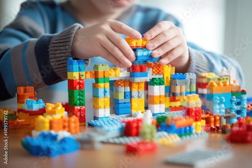 Child hand building complex structure with colorful block look focused and determined to create something magnificent and have fun. activity inspires imagination
