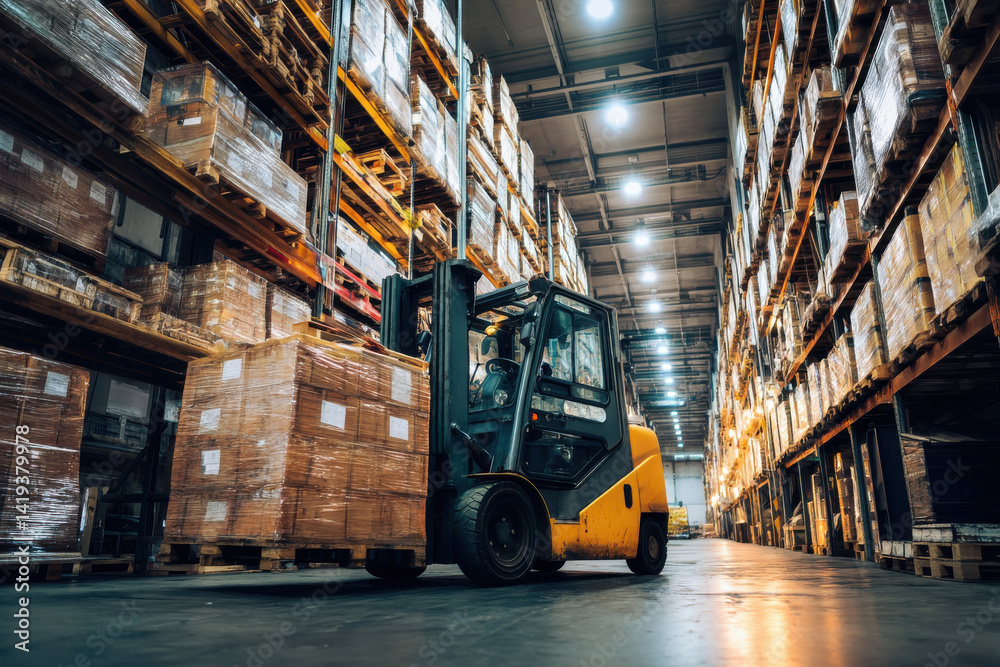 Naklejka premium Forklift moving pallet in large warehouse, driver felt responsible and cautious. Every move ensured efficiency and safety within busy logistics center
