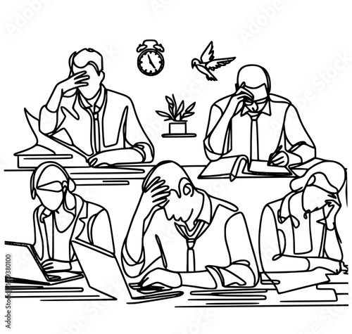 Stressed Office Workers Illustration, depicts five office workers sitting at desks, each holding their heads in frustration, emphasizing workplace stress. The scene includes laptops, papers, and a clo