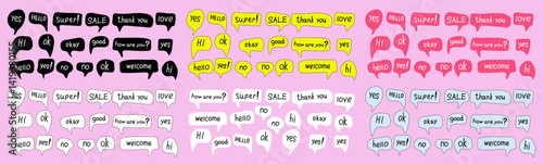 A set of speech bubbles with words in different colors drawn by hand