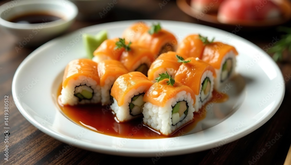 Various sushi rolls on white plate, soy sauce, wasabi , isolated, japanese, foodphotography Various sushi rolls on white plate, soy sauce, wasabi , isolated, japanese, foodphotography