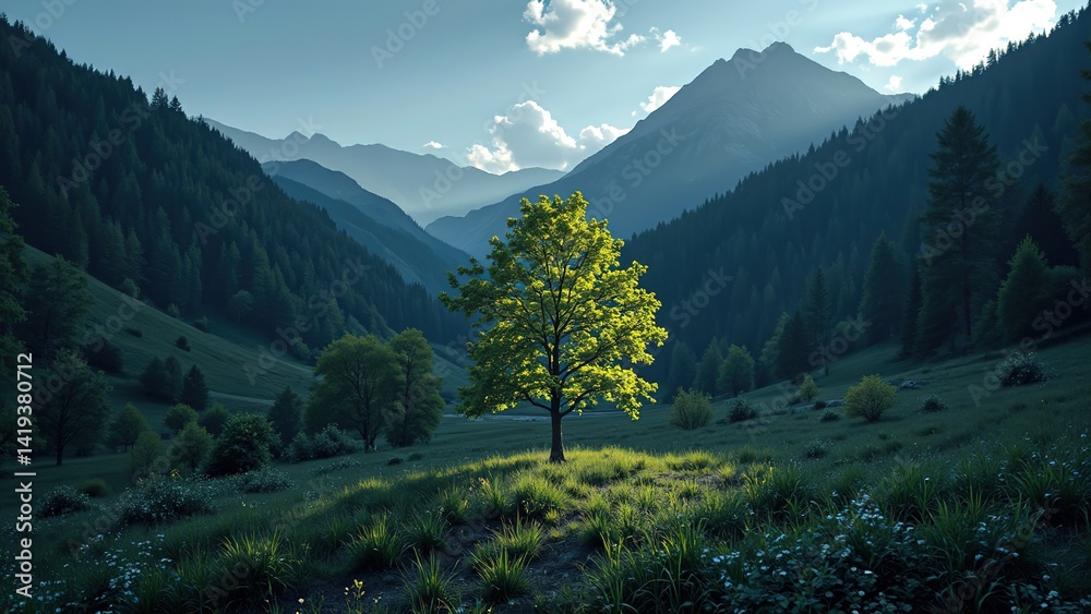 Fototapeta premium Serene Mountain Valley with Single Green Tree and Soft Light