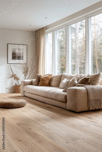 A modern Scandinavian interior design of a living room with sofa and interior accessories visible and windows. Generative AI

