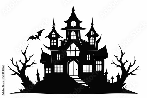 haunted house silhouette line art vector illustration