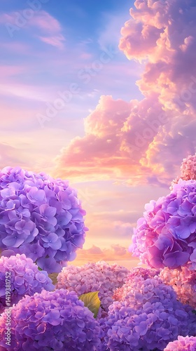 Hydrangeas bloom in a field as soft pastel clouds fill the sky at sunset. Floral backdrop