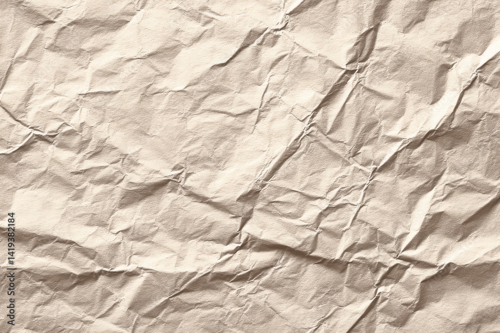 Fototapeta premium Crumpled paper, texture and subtle grid lines fill frame, creating visually intriguing background. paper almost seems to whisper secrets of ages past