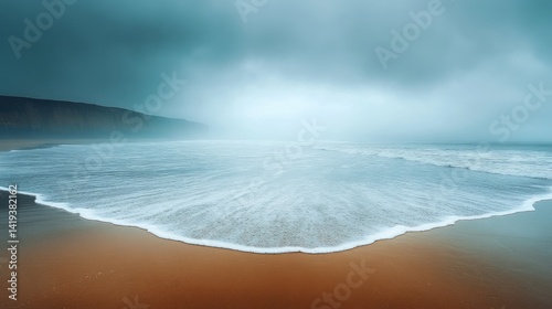 Misty beach waves, dramatic sky, coastal scene, tranquil atmosphere photo
