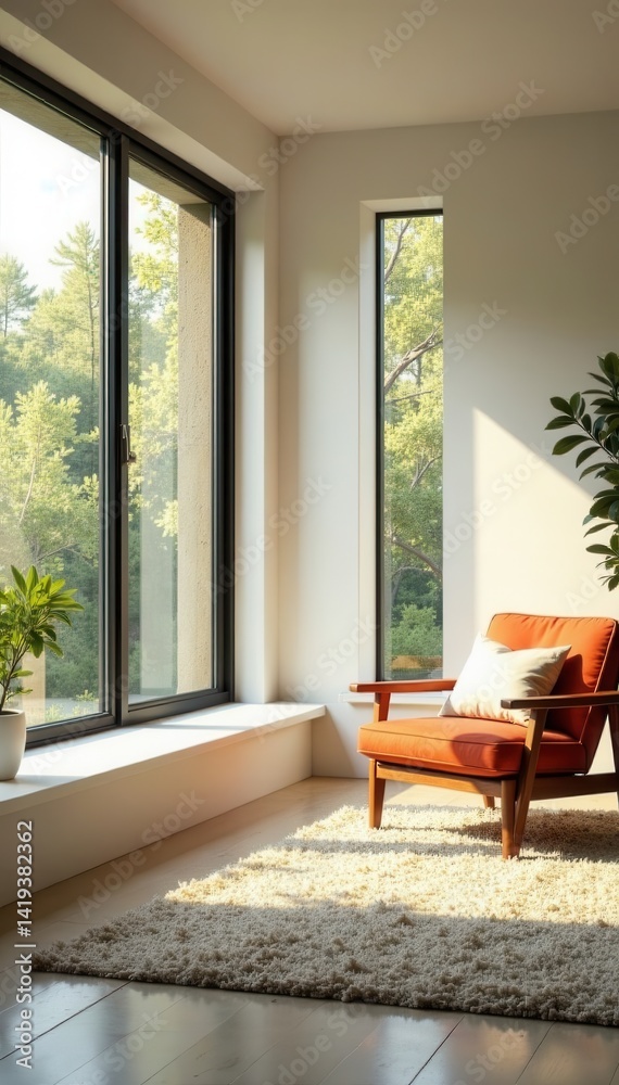 Fototapeta premium Minimalist living room, sunlight streams through large window, open plan, interior, minimalist design
