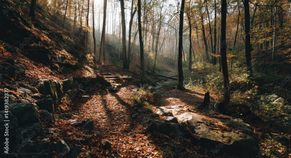 Obraz premium The old tree, nestled in a foggy autumn forest, is a striking feature of a landscape dominated by vibrant orange and red foliage, with blue fog adding an air of mystery, transforming the scenery into