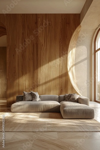 A photo of the interior of a living room with wood used to finish parts of the wall and designed in curves and arches. Generative AI
