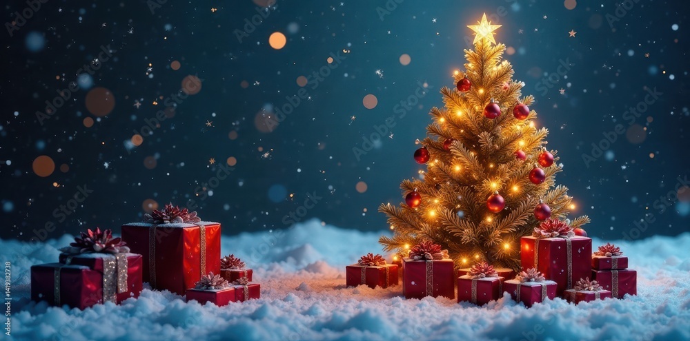 Obraz premium Sparkling snow, lavishly decorated tree, presents piled high , glamorous, ornament, bright