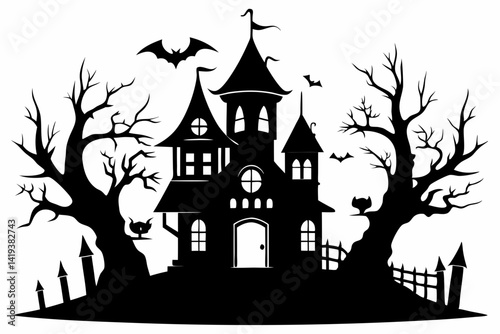 haunted house silhouette line art vector illustration
