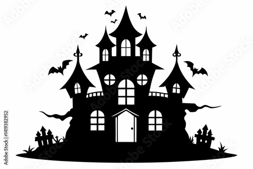 haunted house silhouette line art vector illustration