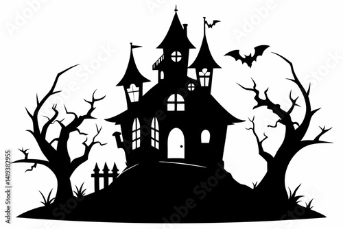 haunted house silhouette line art vector illustration