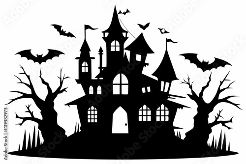 haunted house silhouette line art vector illustration
