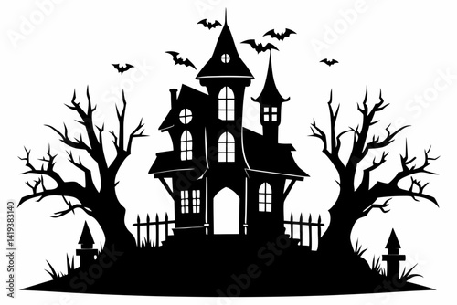 haunted house silhouette line art vector illustration