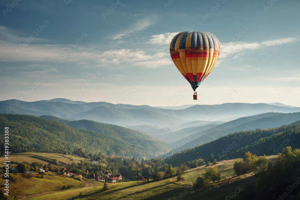 Obraz premium Hot air balloon floats gently, filled with serenity, scene that evokes sense of peace as it soars over scenic landscape, journey through picturesque nature