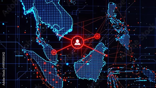Digital map of Southeast Asia showcasing network connections and data flow in a futuristic design