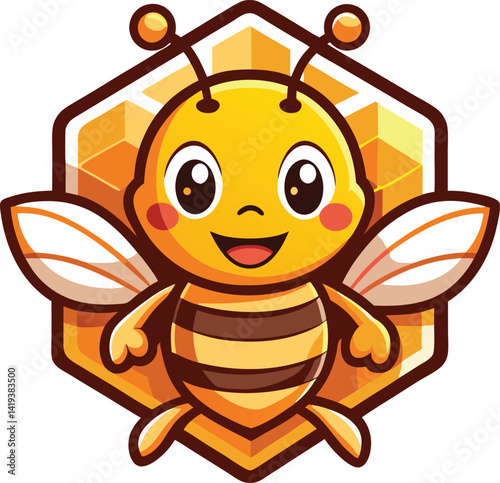 A flat color mascot logo featuring a friendly and approachable cartoon bee buzzing around a stylized honeycomb