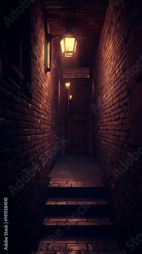 Dark, narrow alleyway with steps and lit lantern