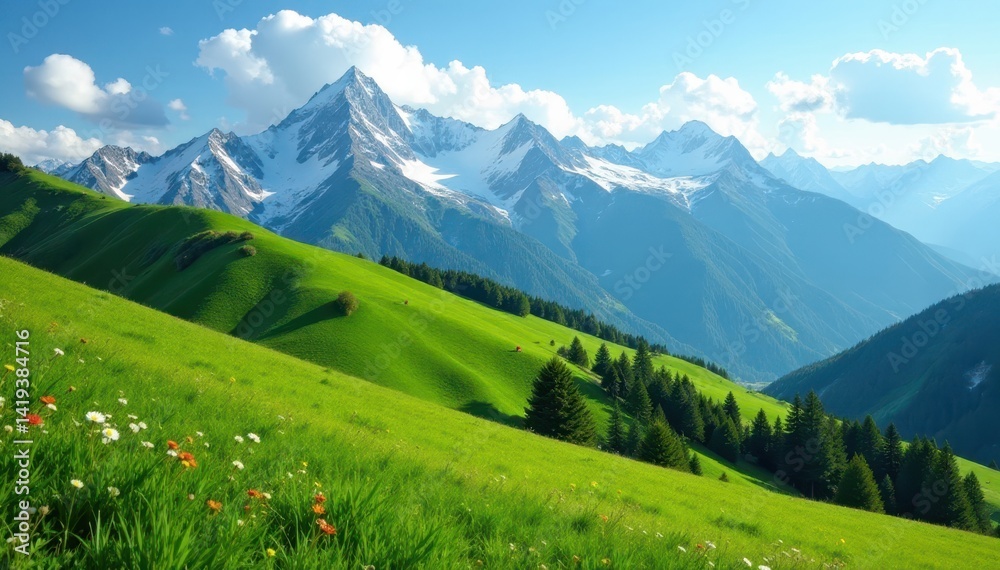 Fototapeta premium Rolling green hills ascend to snow-covered Parang summits Breathtaking Romanian panorama , wilderness, drone