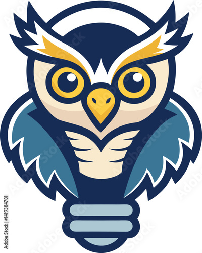  A high resolution mascot logo with crisp lines depicting a playful cartoon owl perched on a stylized lightbulb, radiating a sense of wisdom and bright ideas 