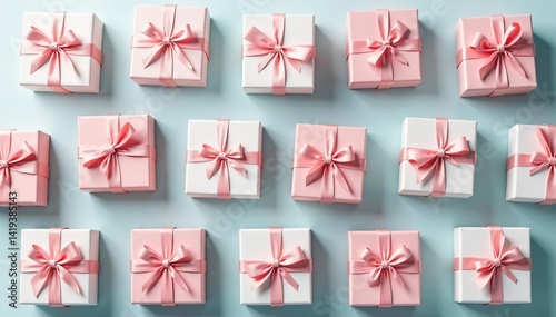 Elegant repeating gift box pattern, pastel colors, bow, ribbon, design