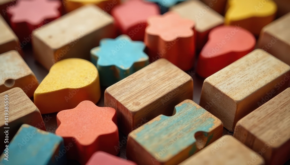 Fototapeta premium Close-up of various wooden blocks in different shapes and sizes, building, colors, organic