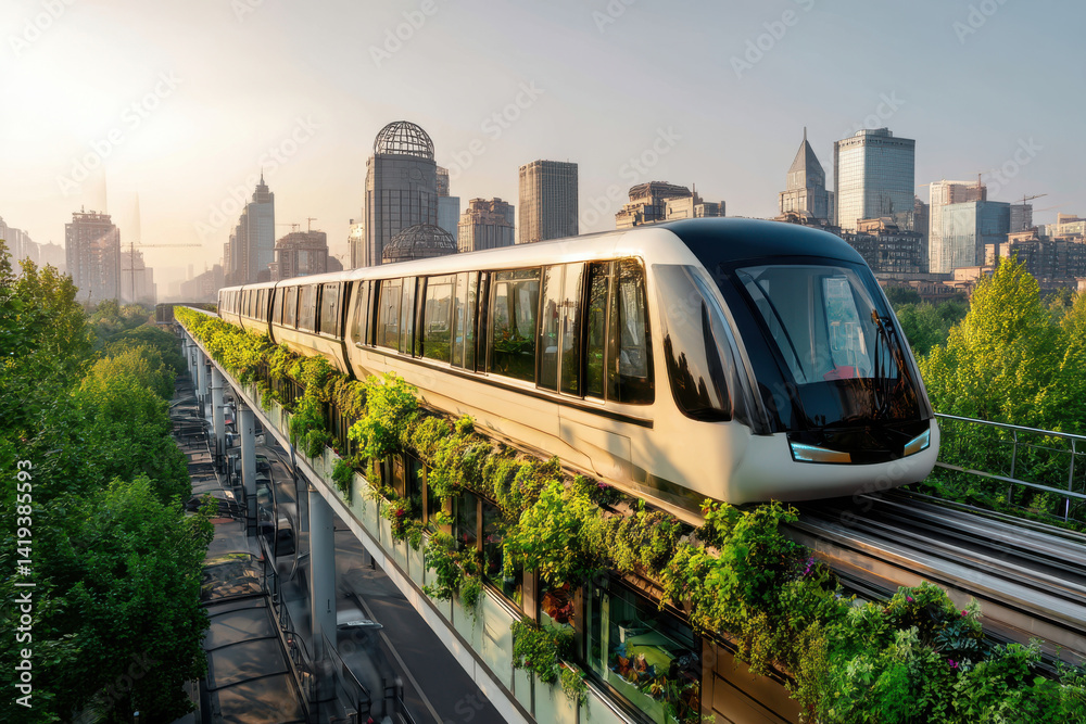 Fototapeta premium Futuristic monorail, gliding through cityscape evokes sense of hope and forward thinking, blending urban life with nature serenity