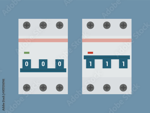 Three pole circuit breaker set. Flat style vector illustration. EPS10