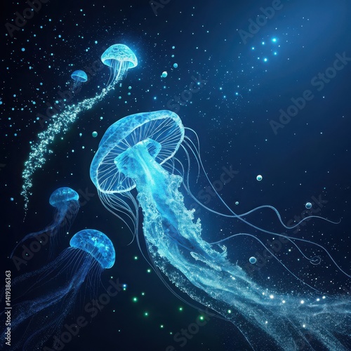 Ethereal Jellyfish Dance in a Luminous Underwater Galaxy