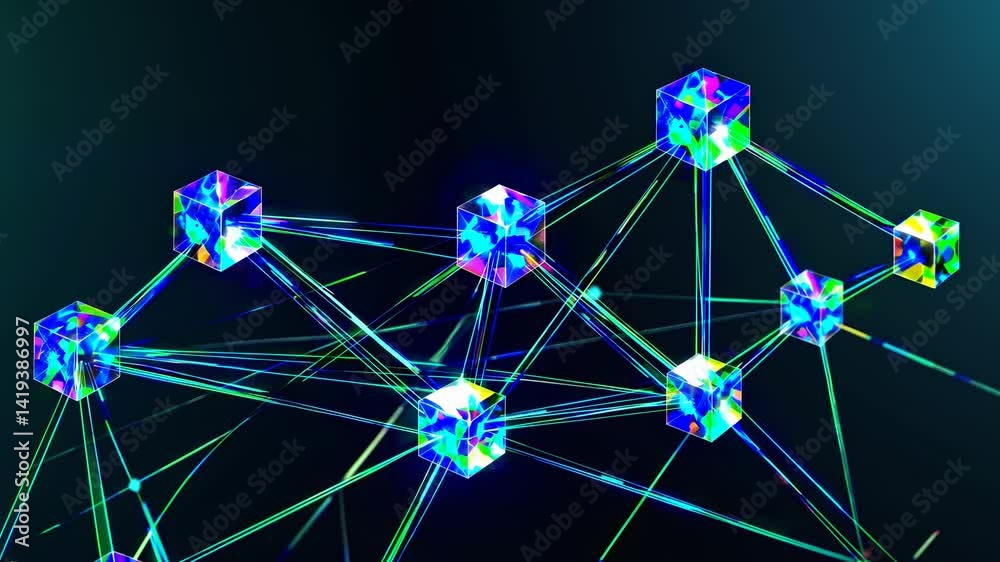 Abstract blockchain network with luminous cubes connected by neon lines representing digital links