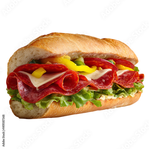 Close up of a sandwich with pepperoni and lettuce on a black back