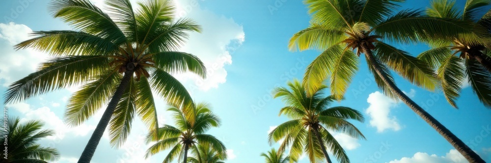 Fototapeta premium Palm trees sway gently in the tropical breeze, water, blue sky, beach