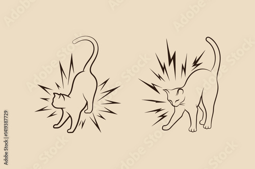 Two stylized cats stretching with burst effect minimal vector illustration design
