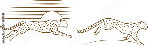 Two cheetahs running with sun and horizontal lines in brown vector illustration