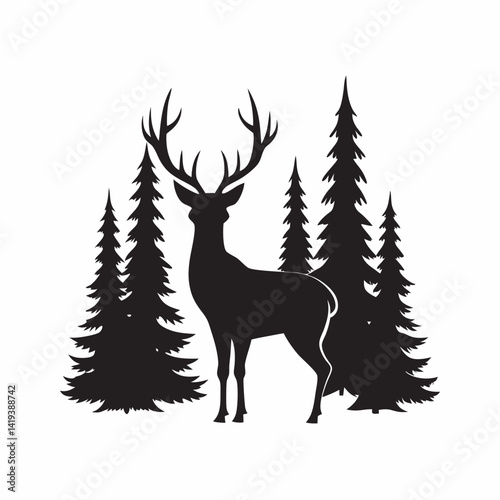 Black silhouette of a majestic deer standing in evergreen forest