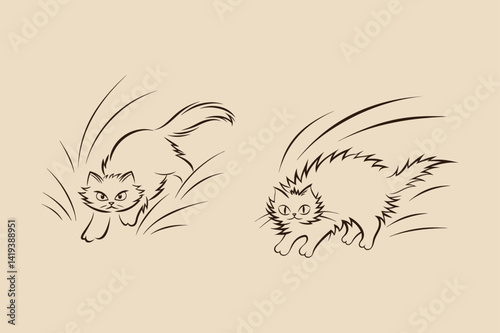 Two cute line art cats in different poses on beige background