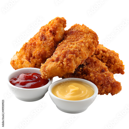 Golden fried chicken tenders with ketchup and mustard dips close