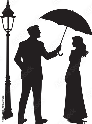 Romantic Evening in the Rain – Elegant Couple Under Umbrella by Lamplight