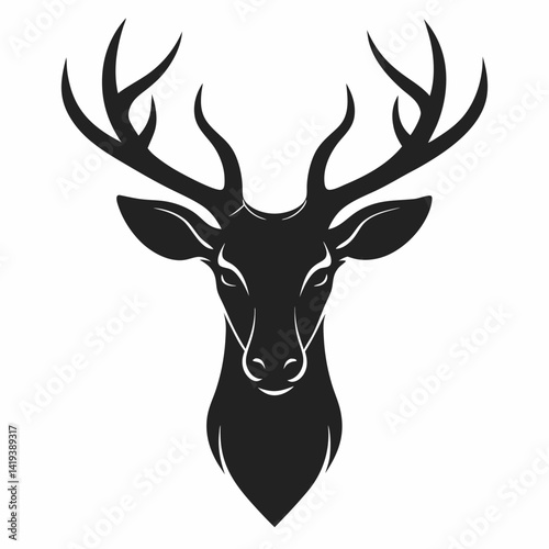 Elegant black silhouette deer head illustration with majestic antlers isolated on white